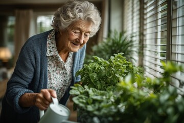 Elderly woman waters herbs in a sunny room with plants and window blinds in the background
