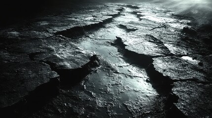 A black and white photo of a cracked and broken ground. The photo has a mood of desolation and emptiness