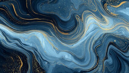 Abstract swirling blue and gold marbled texture with glitter background marbling