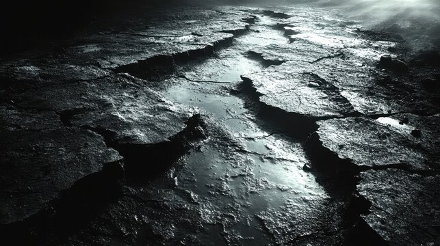 A black and white photo of a cracked and broken ground. The photo has a mood of desolation and emptiness