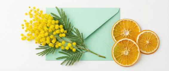 Mimosa sprig with sliced oranges and a mint green envelope on white background