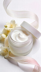 Jar of facial cream with jasmine flowers and silk ribbon on white background