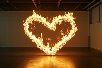 heart of fire flames burning in gallery room, love, passion, romance, romantic, photorealistic