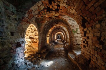 Ancient brick tunnel with arched ceilings and stone floor illuminated by light underground architecture
