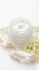 Face cream jar with silk ribbon and jasmine flowers on clean white surface