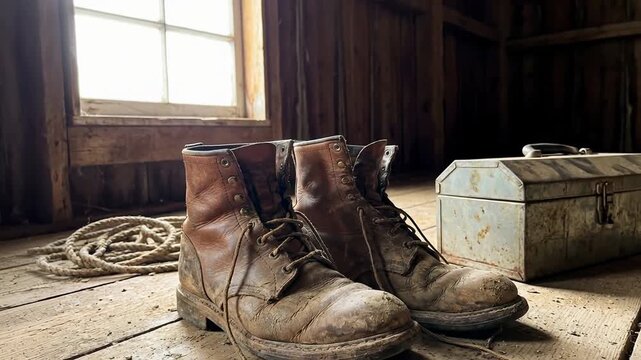 Worn leather boots on wooden floor with old metal toolbox and coiled rope in rustic barn evoking vintage nostalgic feeling photography material