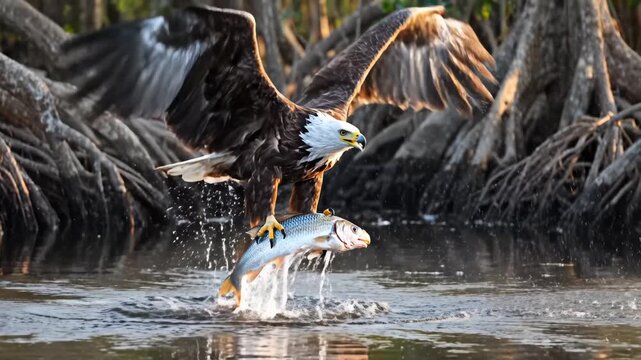 Bald eagle catching fish in water