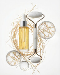 Facial vetiver oil bottle with marble roller and glass bowls on natural fibers