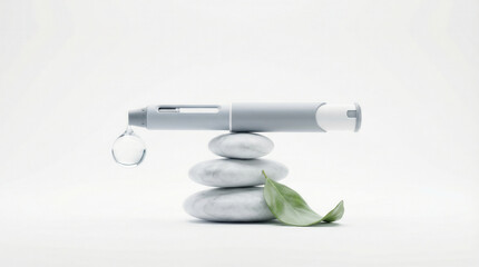 Semaglutide or insulin pen balanced on smooth stacked stones with water droplet and green leaves