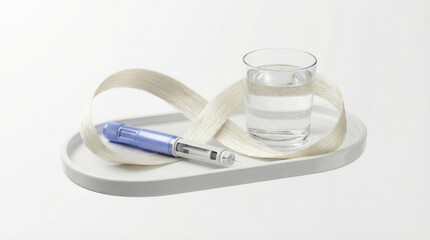 Medical injector pen alongside glass of water and loose blonde hair ribbon