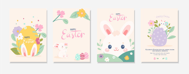 Set of Easter cards. Collection of covers, posters, banners, greeting card with bunny, eggs, flowers. Cartoon flat vector illustration isolated on white background