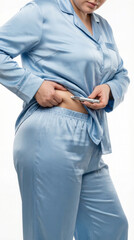 Woman in blue pajamas administering insulin or semaglutid to her abdomen with a pen-style injector