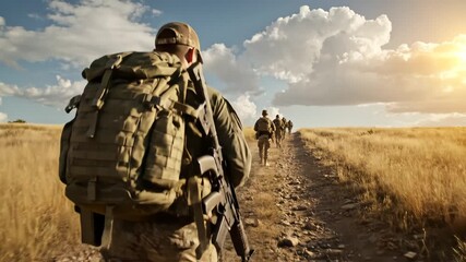 Soldiers marching on dirt path