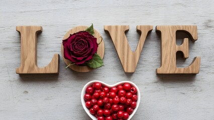 A beautiful bouquet of red roses and pink flowers inside a heart shape gift box decorated with a ribbon on a wood background for a Valentine's Day celebration of love and romance