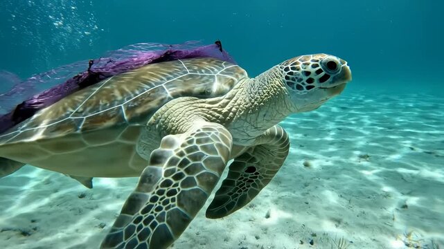 Sea turtle entangled in plastic underwater