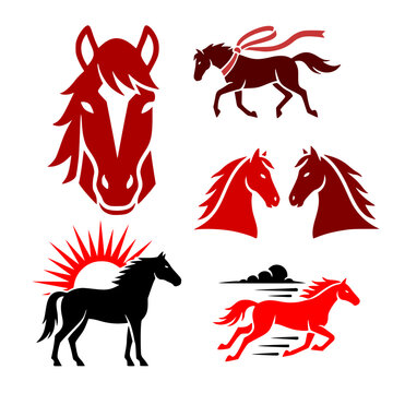 Illustrations of the silhouette of a red horse (the symbol of the new year) in various poses and colors - a mini-set of vector images on the theme of the Chinese New Year according to the lunar calend