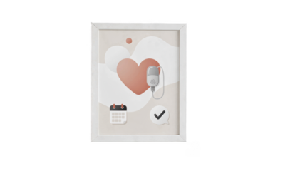 Closeup of discreet informational photo frame on white wall with pacemaker awareness visuals emphasizing patient device followup care.