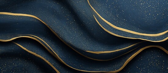 Deep blue wavy fabric with gold glitter and textured lines abstract background