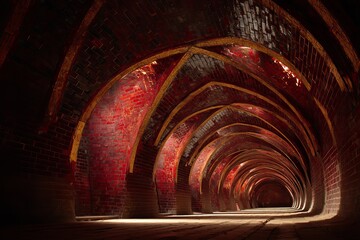 Deep red brick arched tunnel with golden trim and dramatic light shafts architecture