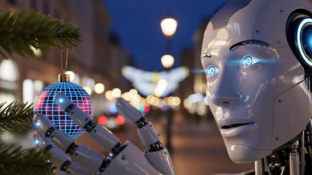 Futuristic robot interacting with virtual christmas ornament in urban night setting