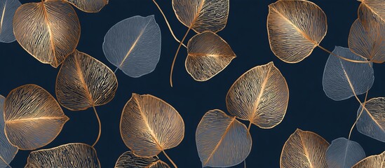 Seamless pattern of gold foil leaf outlines on dark blue background leaves botanical