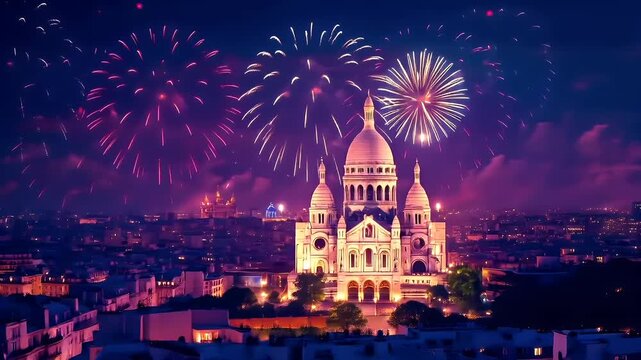A nighttime cityscape with fireworks illuminating the sky and the Basilica of the Sacred Heart of Paris. The city is illuminated with vibrant colors from the fireworks.