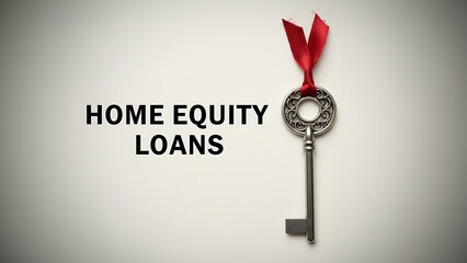 Ornate silver key with red ribbon hangs beside bold black text 'HOME EQUITY LOANS' on a light background with vignette effect