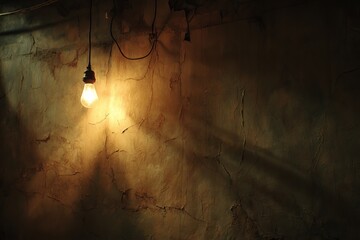 Single bare light bulb illuminates cracked textured wall with dramatic shadows bare bulb incandescent