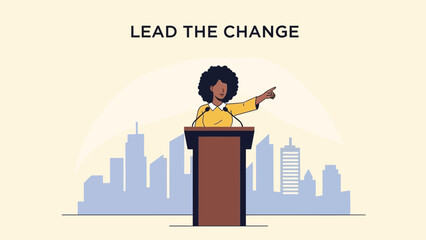 Obraz premium Woman leads change with inspiring speech from podium with cityscape background
