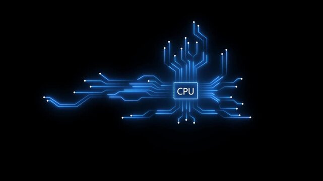 Glowing neon CPU circuit board background. Computer motherboard with a chip, Processor with artificial intelligence CPU. Minimal chip icon with CPU text and circuit lines icon animation. 4k video
