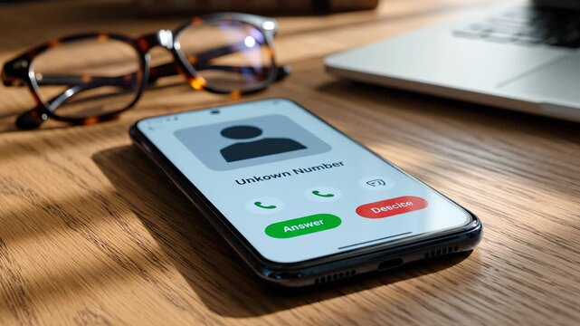 Phone displaying unknown call on wooden desk