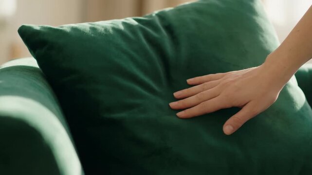 Soft green velvet cushion on sofa with hand touching fabric showing soft comfort and cozy material feeling for relaxation photography