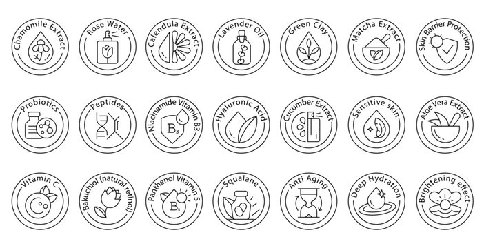 Line art circular skincare stamp icons with botanical ingredients and cosmetic care labels, Vitamins