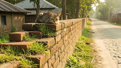 Serene tabby cat resting on rustic brick wall in rural setting
