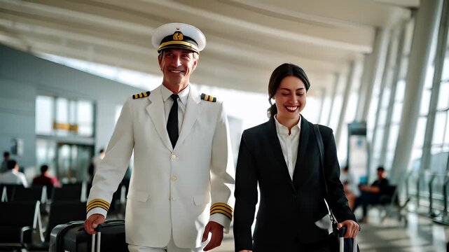 A man in a white uniform with a captains hat, standing in an airport terminal. He is dressed in a crisp white suit with gold and black stripes, and a navy blue tie.
