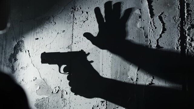 Shadow of hand holding gun on wall