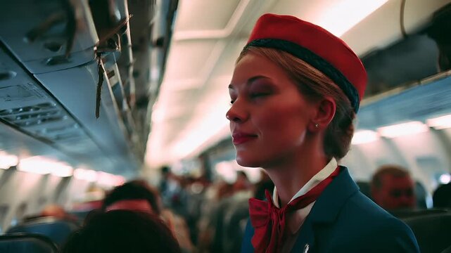 A woman in a red beret and blue uniform is on an airplane. She is adjusting the controls on the plane. The background shows the interior of the airplane.