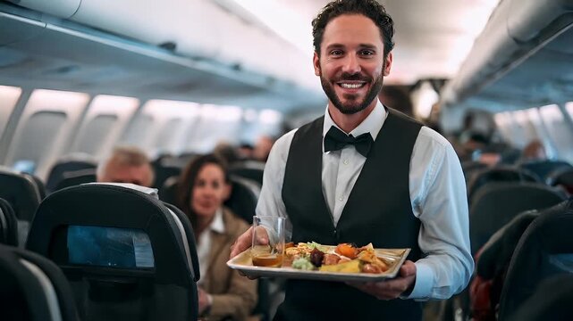 A man in a tuxedo holding a tray of food in an airplane cabin.
