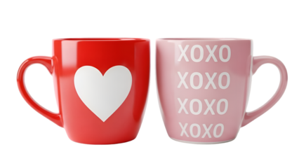 Two colorful mugs with heart and XOXO designs on transparent background