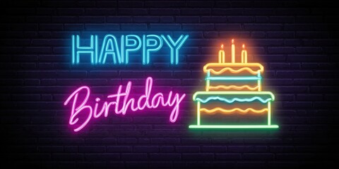 Neon Happy Birthday Sign with Cake on Brick Wall Background