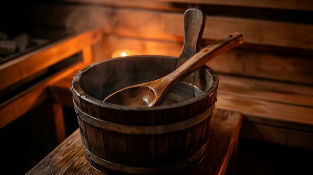 Traditional wooden bucket with a ladle and steaming hot water in a sauna. Spa accessories for wellness, relaxation, and heat therapy. Recreation and health concept