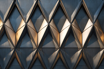 Abstract geometric pattern of a metallic building facade with sharp angles and dramatic light