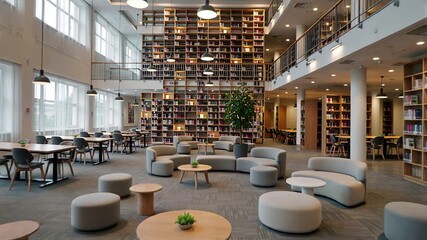 modern library interior with bookshelves, seating, and natural light | education, architecture, learning, workspace, relaxation theme
