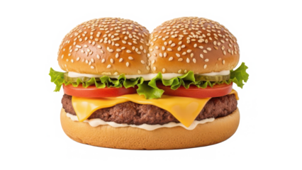 A delicious double cheeseburger featuring two savory patties and fresh toppings on sesame seed buns isolated on transparent background