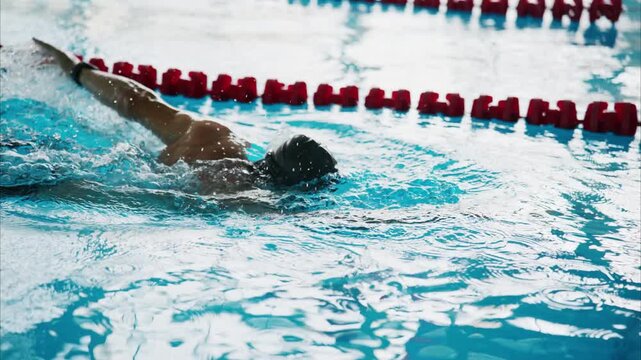 A determined swimmer practices in a pool, showcasing endurance and skill as they glide through the water, focusing on their technique and performance during training.