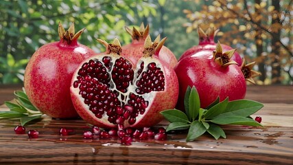 juicy pomegranate seeds and fruit closeup on rustic wood | food, health, still life, nature, produce theme