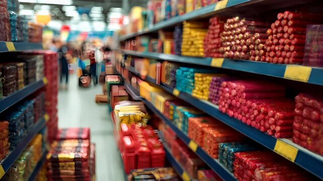 A blurry image of a grocery store aisle with a variety of products on shelves. The main subject is the colorful assortment of packaged goods on the shelves.