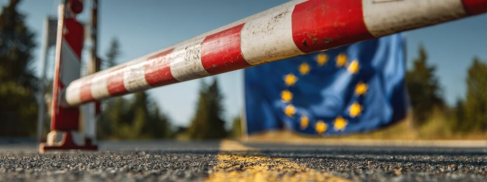 Barriers block entrance with European Union flag in background during sunny day in open area
