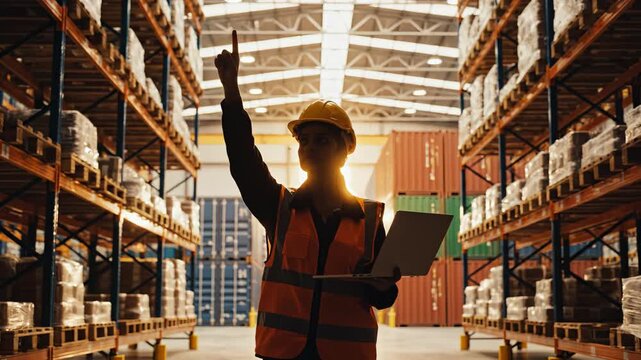 Warehouse worker with laptop and raised hand