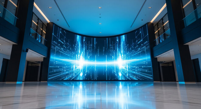 Large High Tech Lobby with Blue Light Display